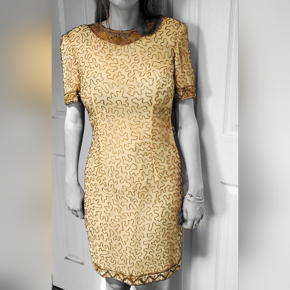 New Jan Leslie Silk Vintage 1993 Gold Brown Midi Formal Dress with Beaded Sequin